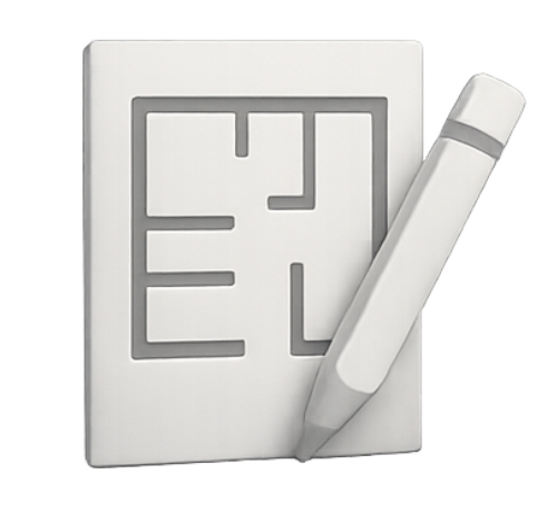 3D icon of a house floor plan with pencil representing building renovations.