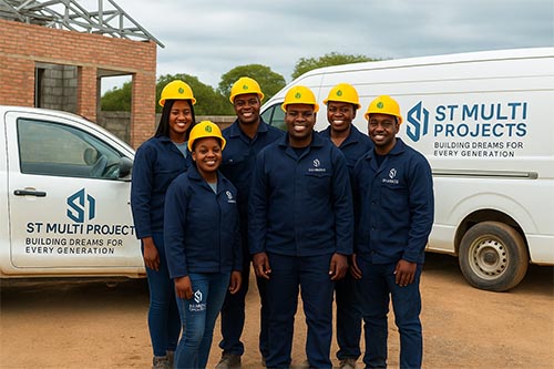 S T Multi Projects team in branded uniforms and hard hats at a construction site.